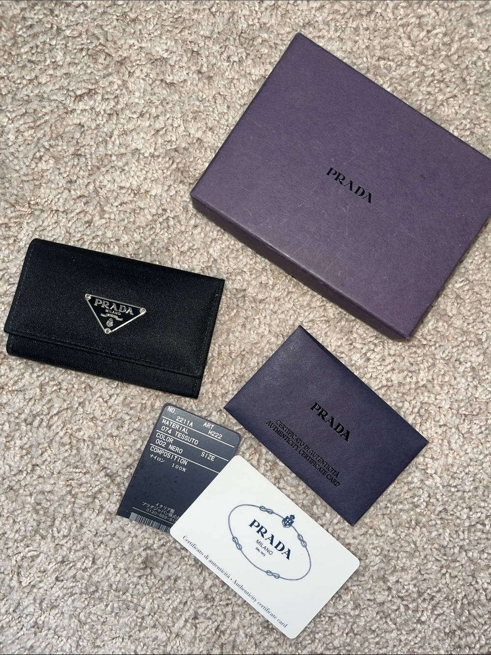 Prada Black Saffiano Leather Key & Card Holder with Silver Triangle Logo